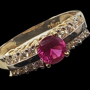14k solid gold round cut pink CZ ruby stone ring size 6.5